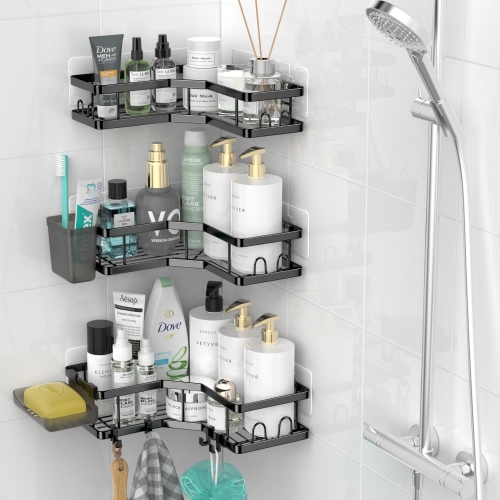TINANA Bathroom Shower Caddy , 3 Pack Stainless Steel Adhesive Shelves with  Hooks, Toothpaste & Soap Holder, No Drilling Rustproof Bathroom Shower  Organizer for Shower Storage Black 