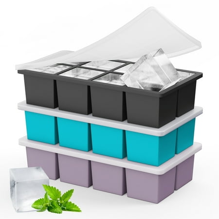 TINANA Ice Cube Tray with Lid: 3 Pack Large Silicone Ice Tray Molds for Freezer, BPA Free, Big Square Ice Cube for Whiskey, Cocktails, Baby Food, Juices-Gray&Blue&Purple