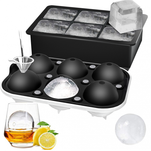 TINANA Ice Cube Trays Set of 2, Sphere Ice Ball Mold with Lid & Large Square Ice Cube Maker for Freezer and Homemade-Black