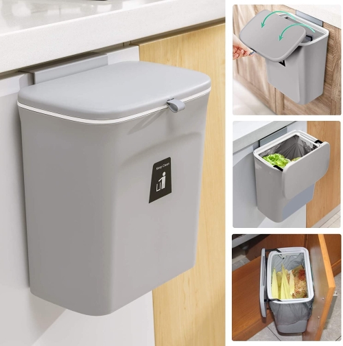 TINANA 2.4 Gallon Kitchen Compost Bin for Counter Top or Under Sink, Hanging Small Trash Can with Lid for Cupboard,Bathroom,Bedroom,Office,Camping-Gray