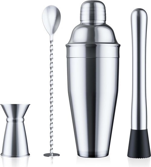 TINANA Cocktail Shaker Set: 24oz Martini Shaker w Built-in Drink Shaker Strainer, Muddler, Jigger, Mixing Spoon, Recipe Book for Bartending